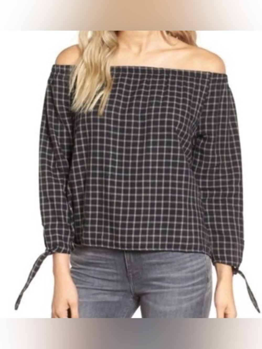 Madewell Plaid Windowpane Off-Shoulder Tie-Sleeve Top Size XS